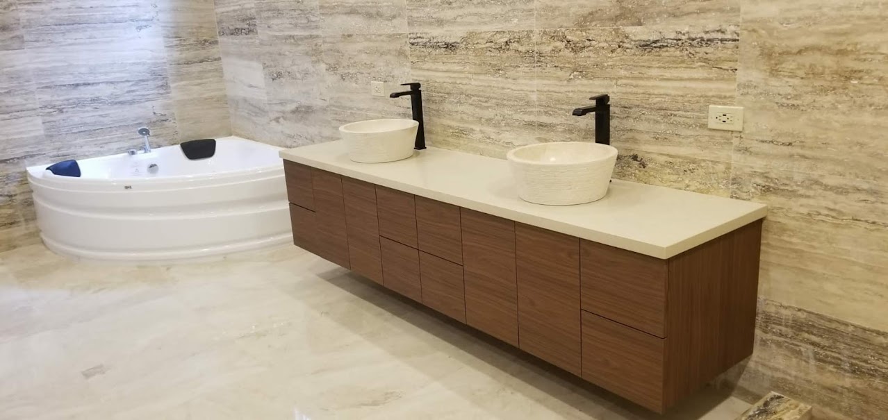 Luxury bathroom with floating vanity and jetted tub